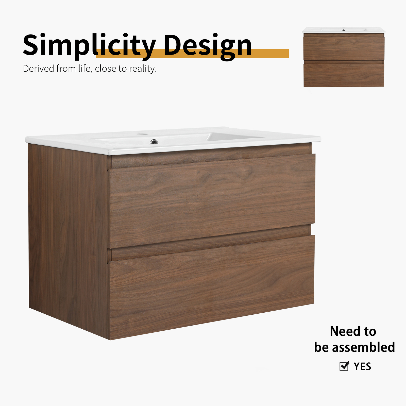 30″ Wood Wall Mounted Bathroom Vanity With 2 Drawers Cabinet Ceramic Sink Basin