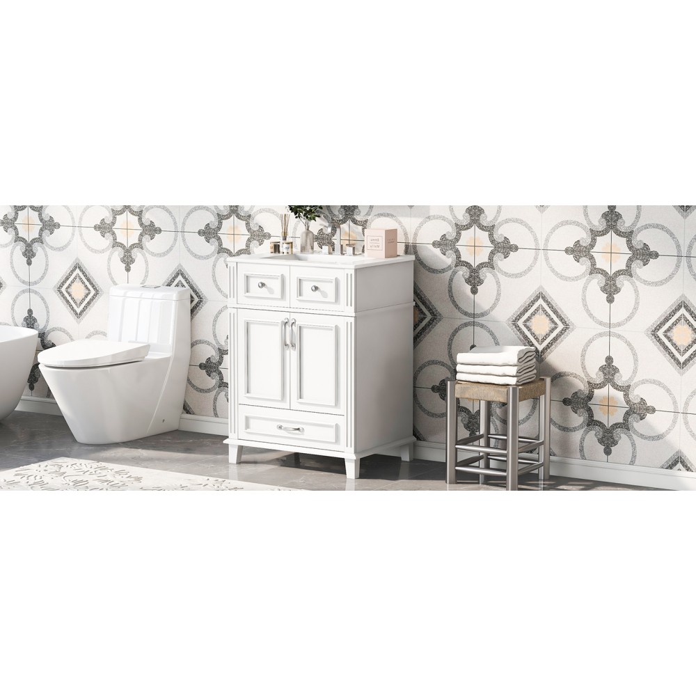 24″ Bathroom Vanity w/ Ceramic Sink, Solid Wood Frame, Soft Close Doors, White
