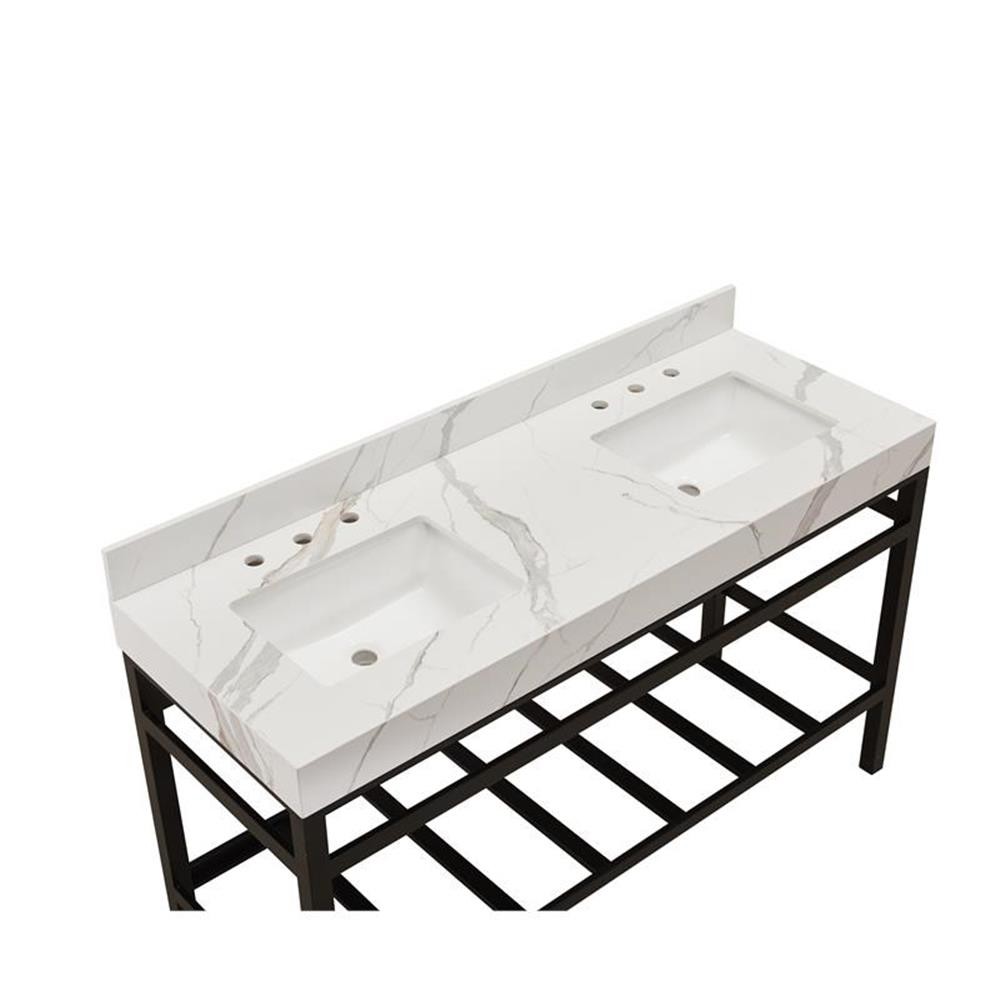 61 in. Composite Stone Apron Vanity Top in Calacatta White with White Basins