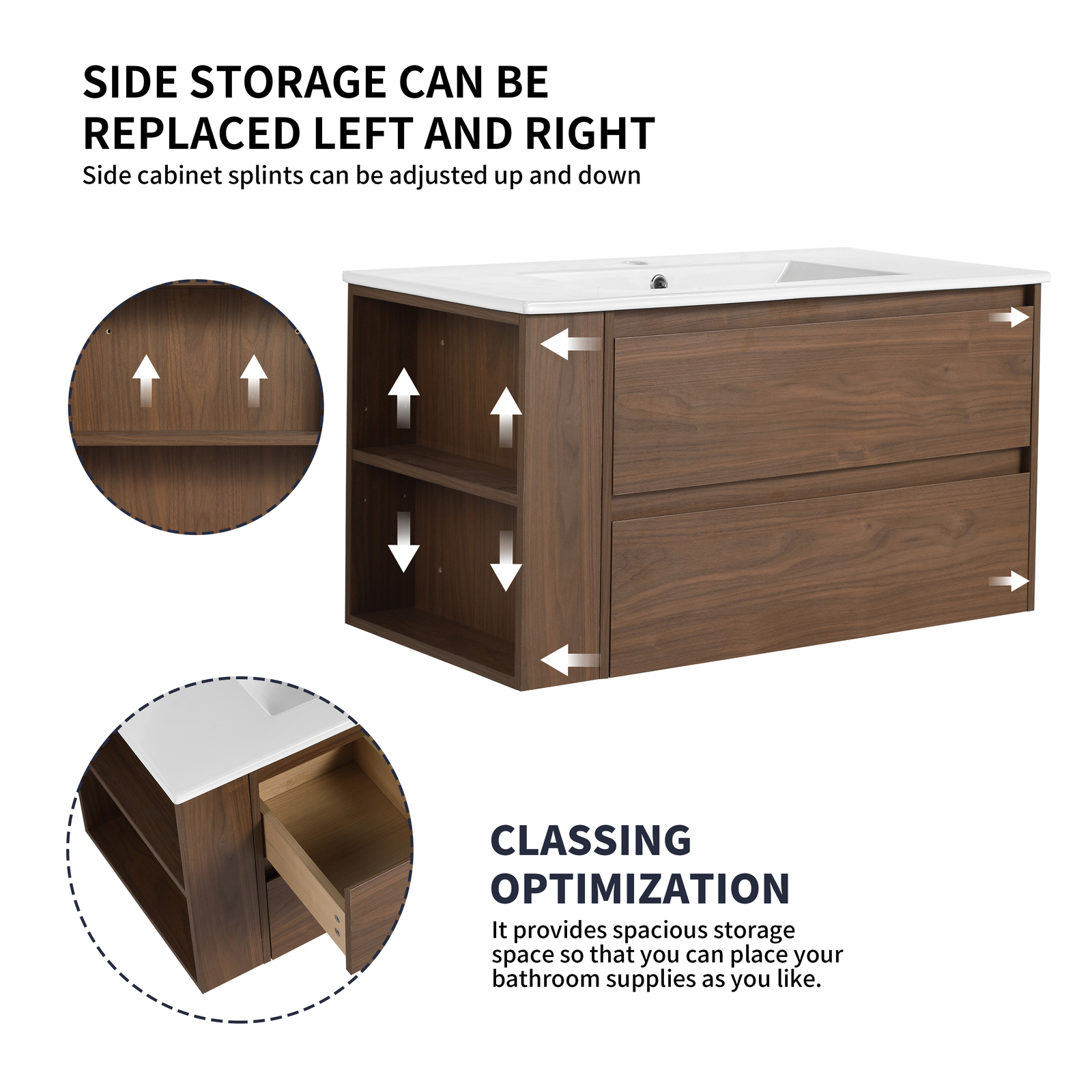 36″ Floating Wall Mounted Bathroom Vanity Cabinet Ceramic Sink Side Shelf Brown