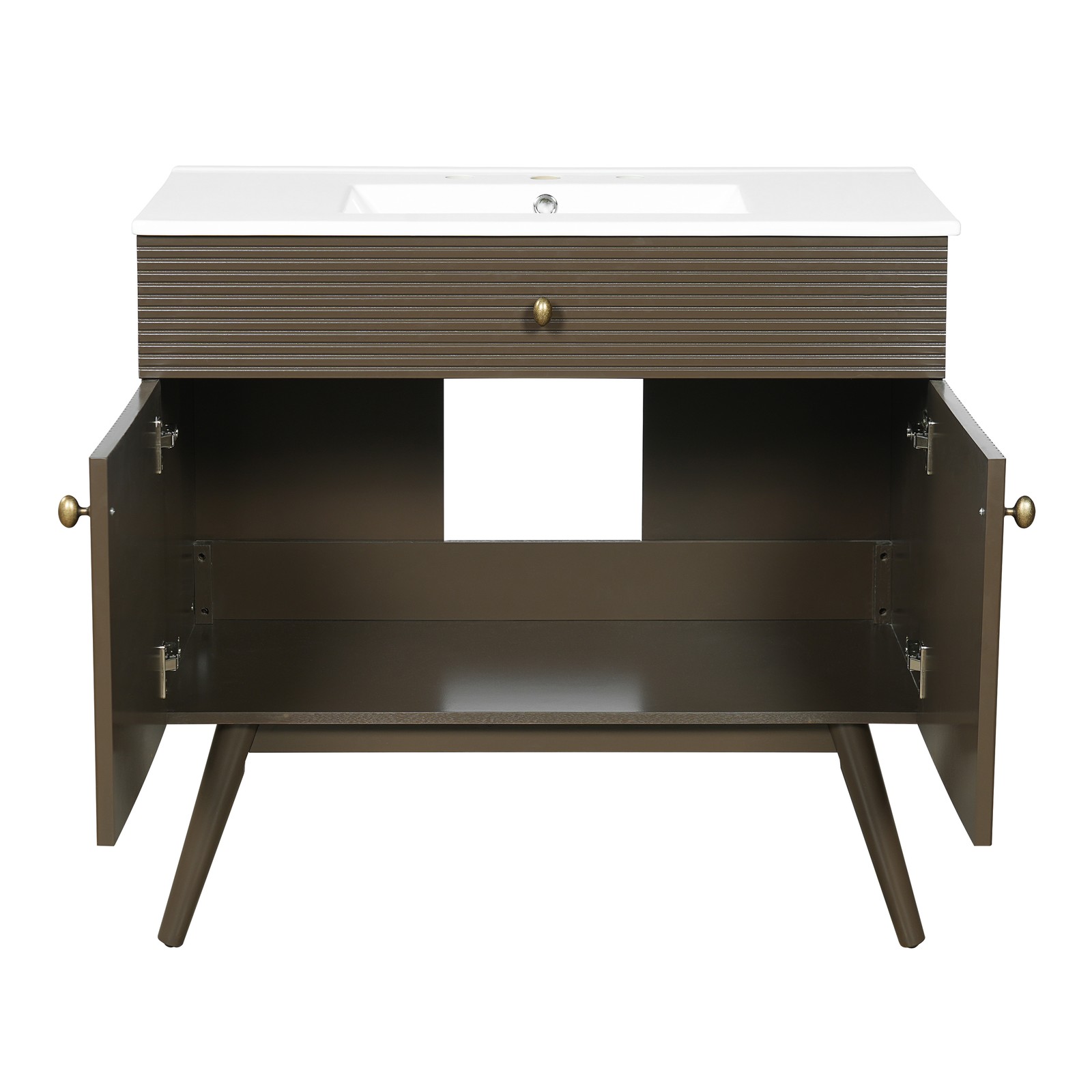 36″ Striped Bathroom Vanity, Soft-Close Dual-Door & Ceramic Sink, Dark Brown
