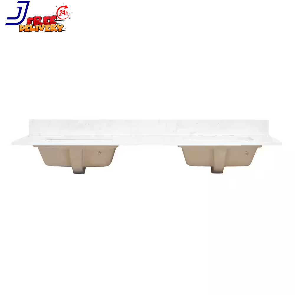 Ceres 61″ Engineered Stone Vanity Top in Grain White with Double White Sinks