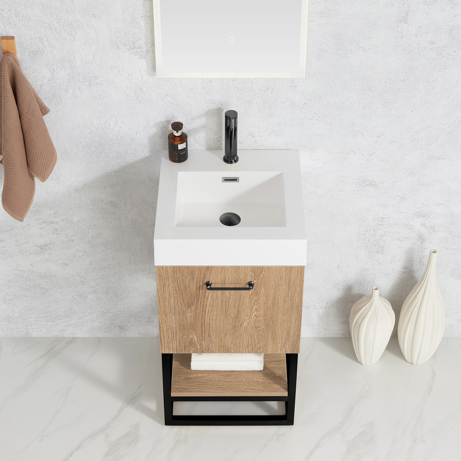 Vinnova Alistair 18″ White Stone Top Oak Single Vanity Black Frame w/o Mirror