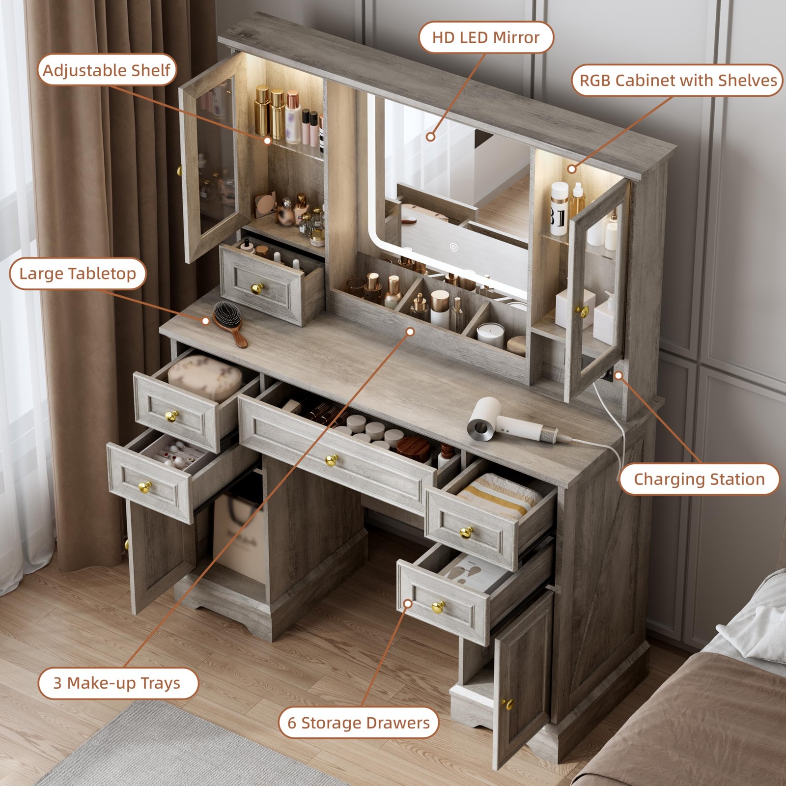 Farmhouse Vanity Desk with Power Outlet USB Ports 6 Drawers RGB Dimmable Mirror