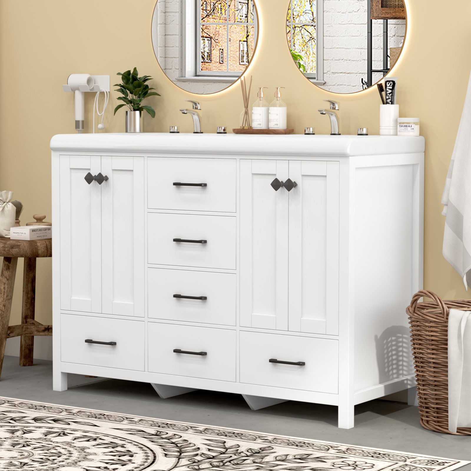 47″ White Bathroom Vanity Storage Cabinet with Double Ceramic Sink Freestanding