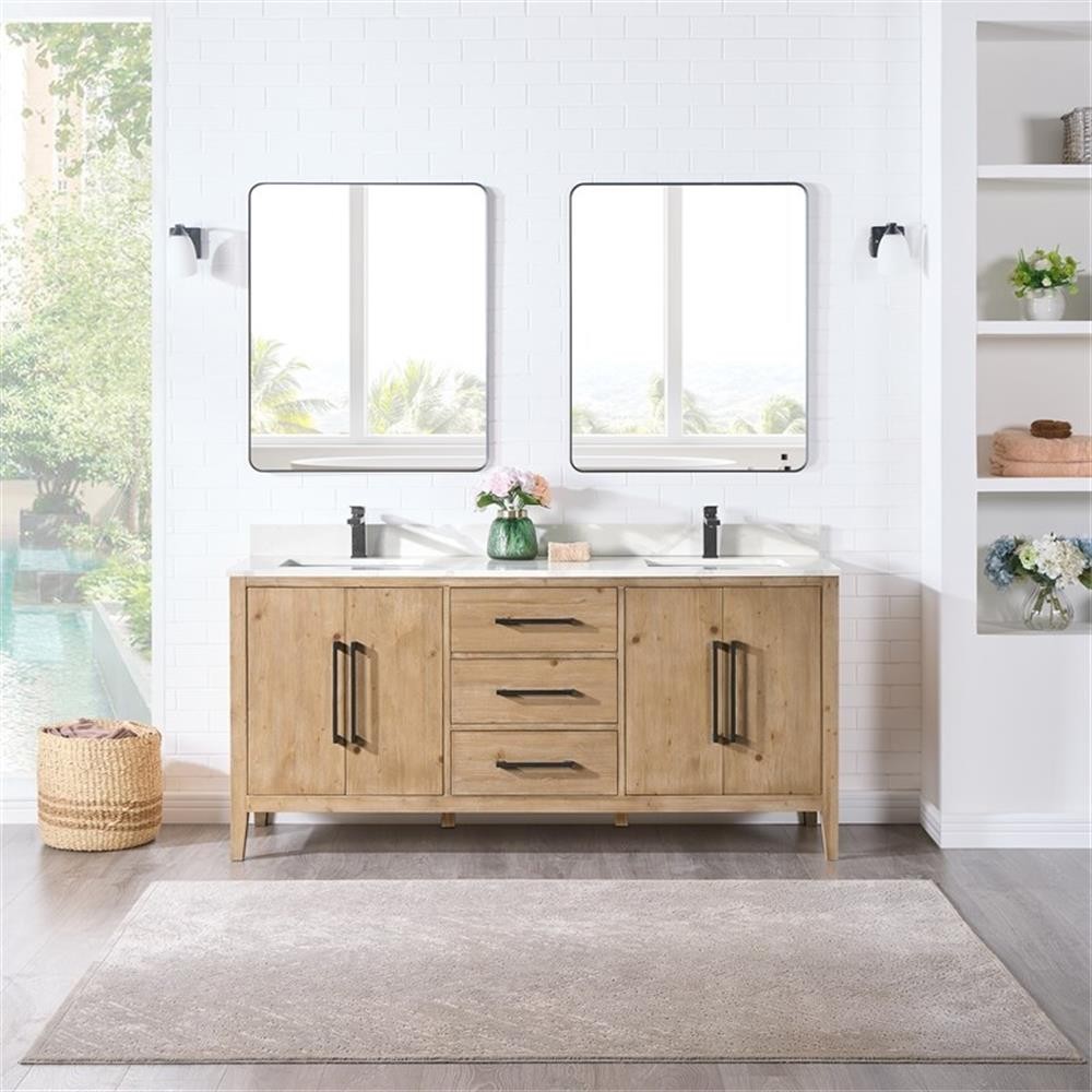 Laurel 72″ Wood Vanity in Weathered Fir Calacatta White Quartz Top with Mirror