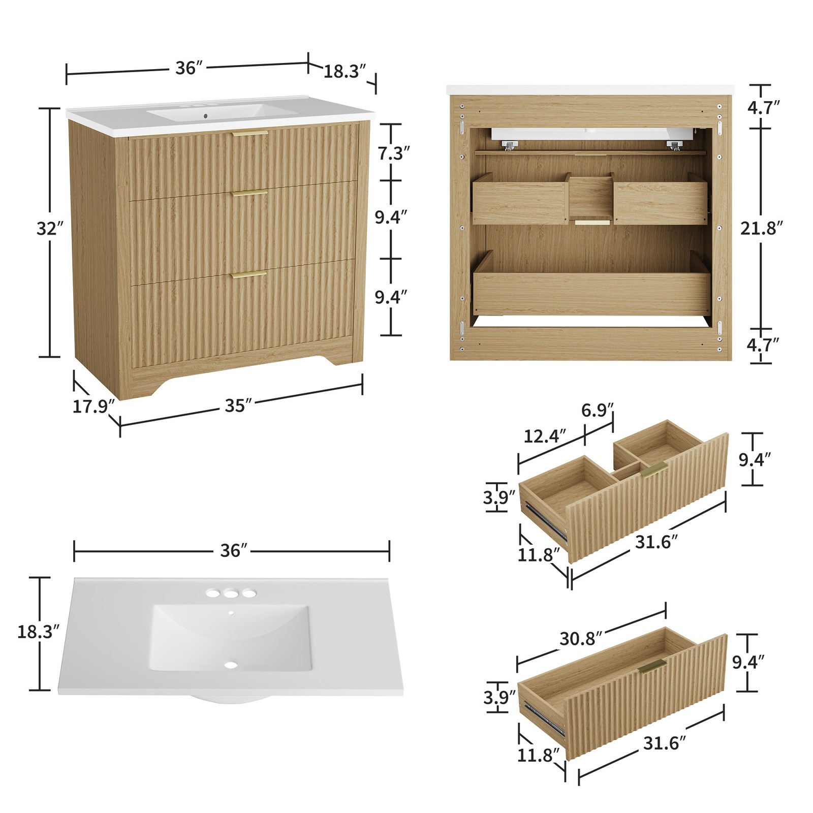 36” Fluted Bathroom Vanity Modern Freestanding Cabinet with Sink & 3 Drawers
