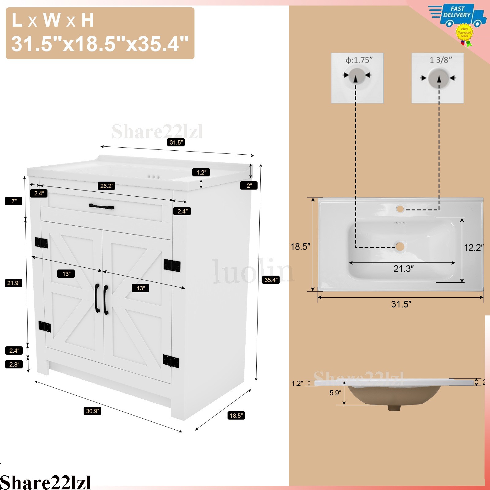 31″ Bathroom Vanity with Sink Combo Bathroom Cabinet with 2 Doors Freestanding