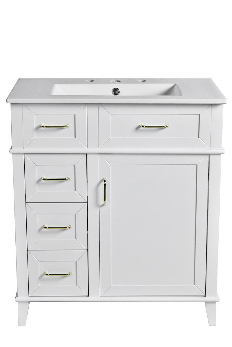 30in White Bathroom Vanity with Ceramic Freestanding Cabinet w/Door & 3 Drawers