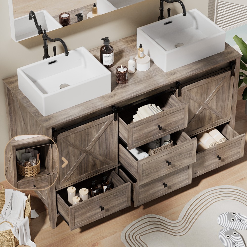 60″ Freestanding Bathroom Vanity w/ Double Sink Ceramic Organizer Cabinet Modern