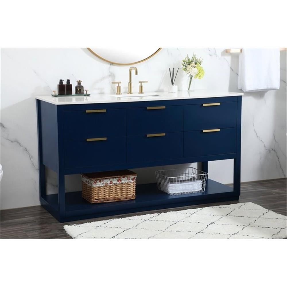 Elegant Decor Larkin 60″ Solid Wood MDF Single Bathroom Vanity in Blue Finish