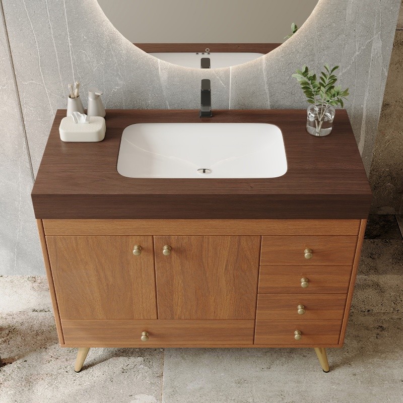 36″ Freestanding Bathroom Vanity with Faux Marble Top, Ceramic Sink & 5 Drawers