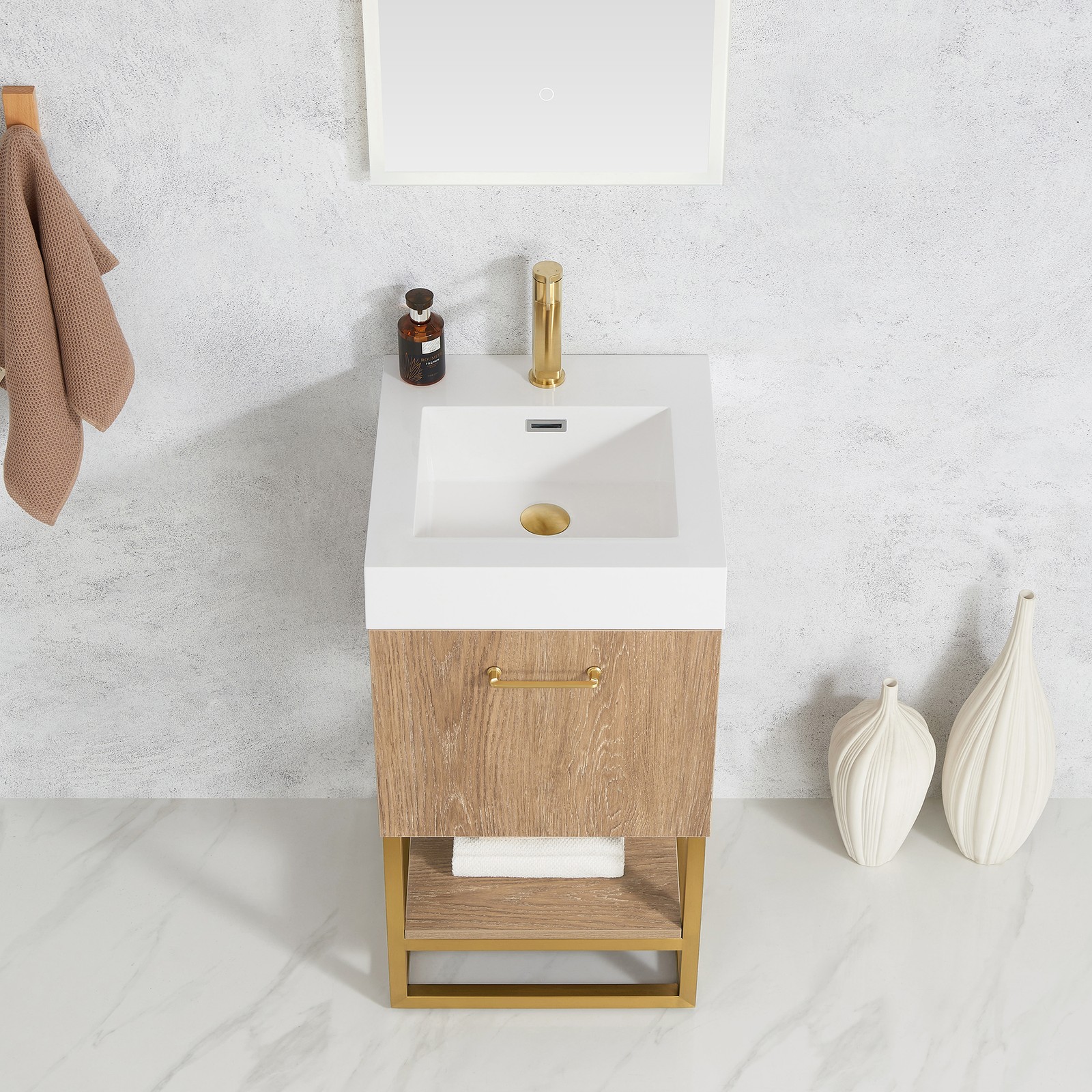 Vinnova Alistair 18″ White Stone Top Single Vanity in Oak without Mirror