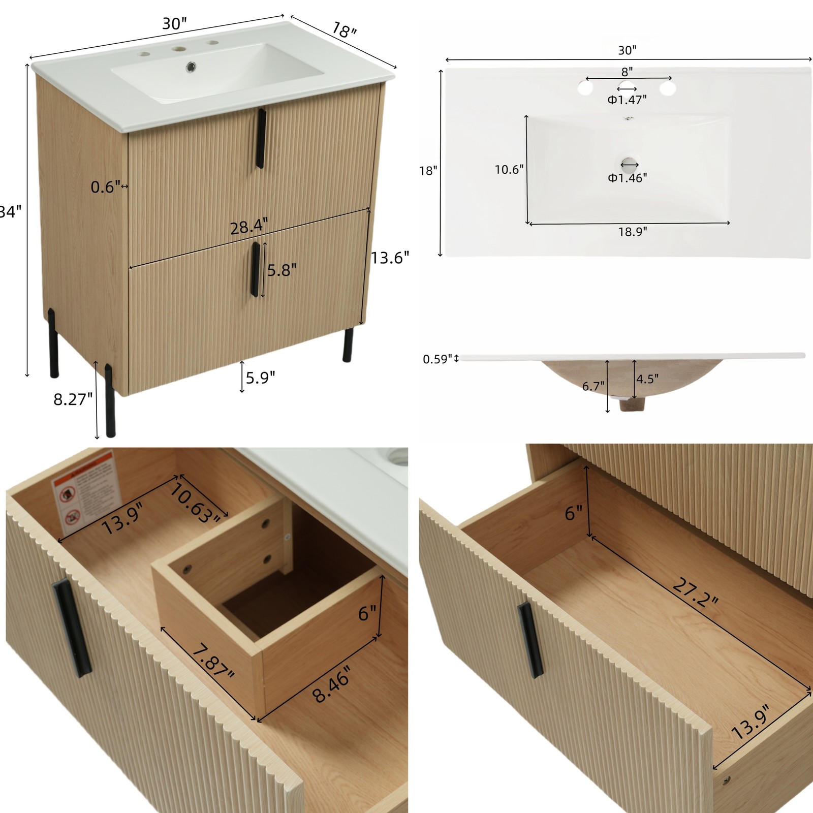30″ Bathroom Vanity with Ceramic Sink, Soft Close Drawers, Fluted