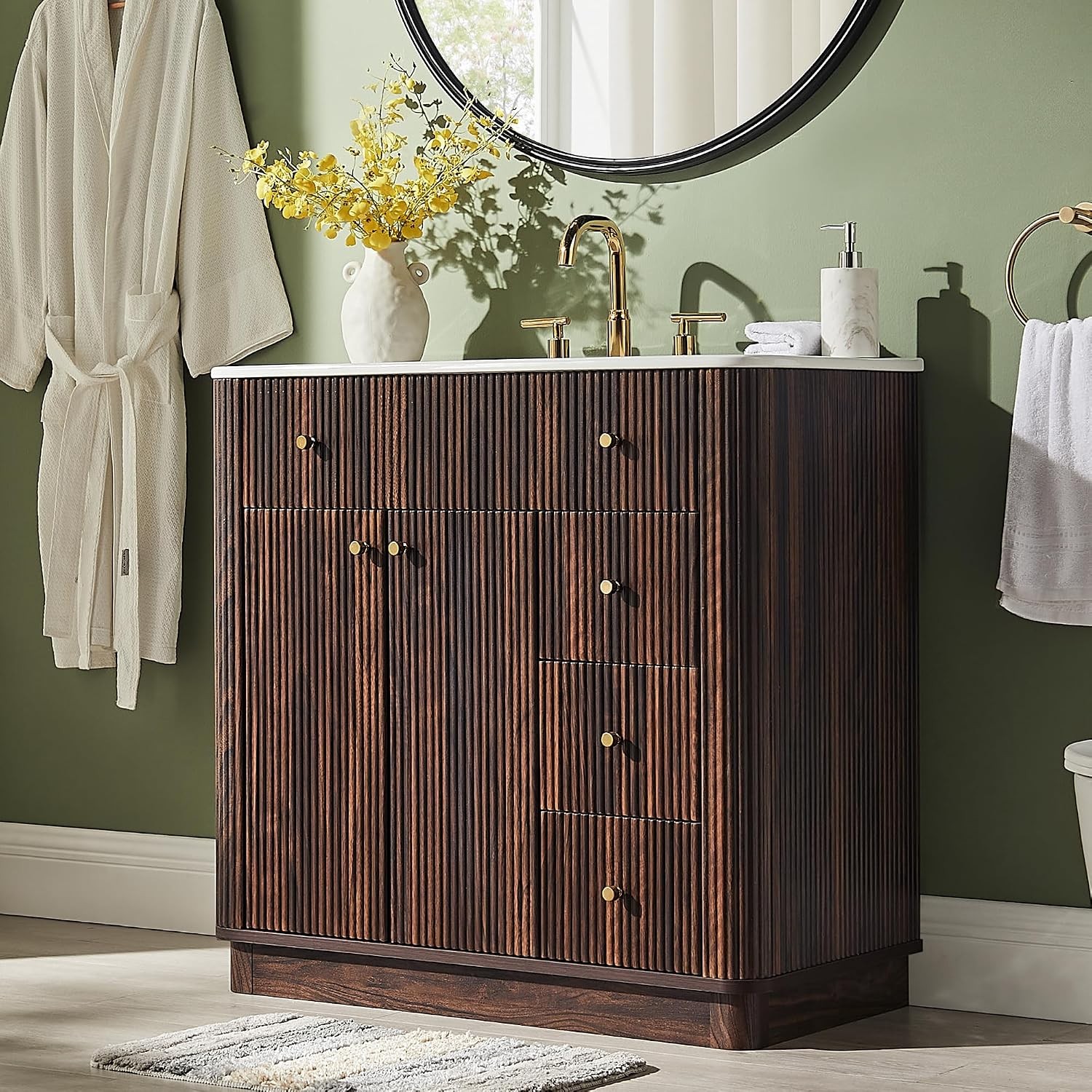 30″ Modern Fluted Bathroom Vanity W/ Sink Dark Walnut