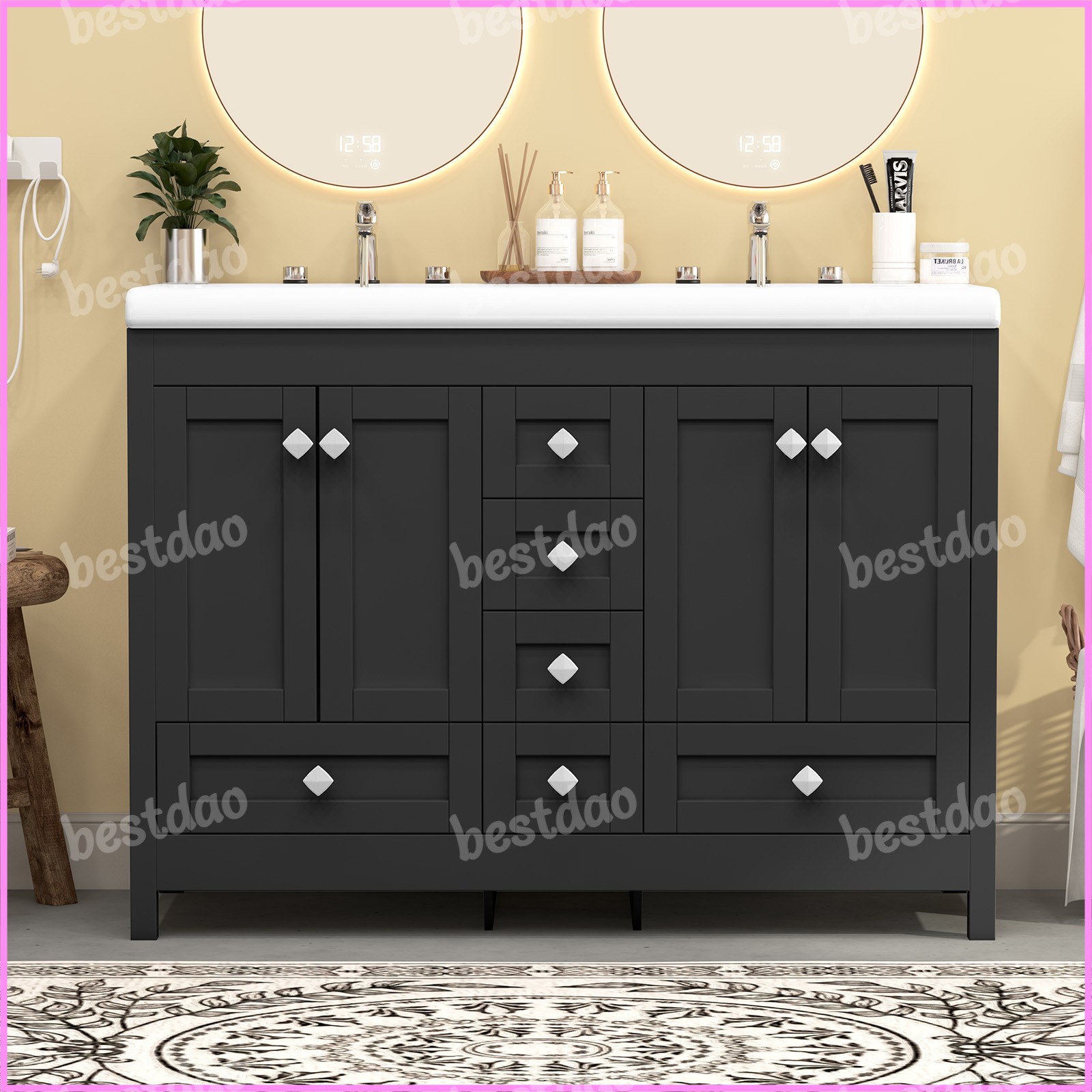 47″ Black Bathroom Vanity Cabinet w/ Double Ceramic Sinks & 2 Doors & 6 Drawers