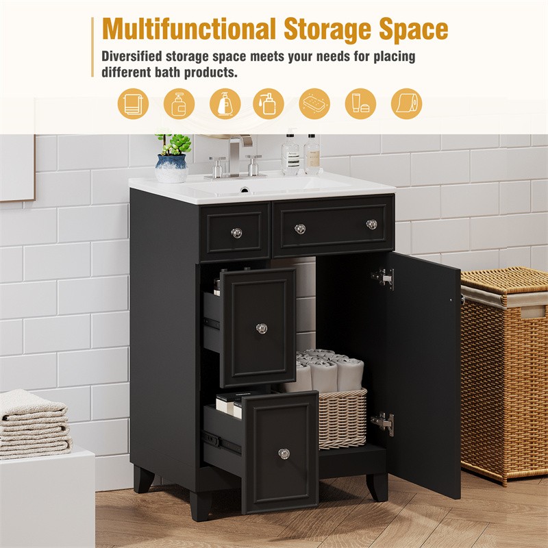 24″ Black Bathroom Vanity Cabinet with Ceramic Sink,2 Drawers,1 Soft-Close Door