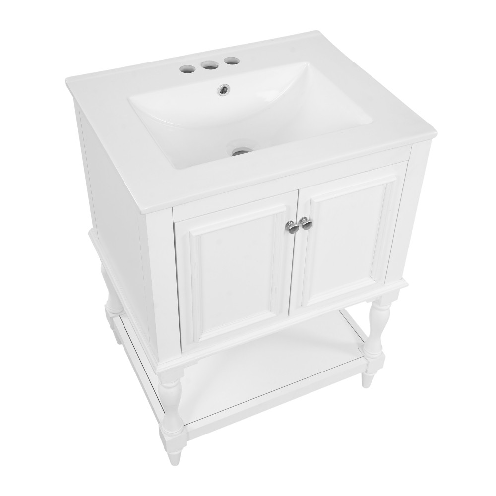 24″ Modern Bathroom Vanity w/ Ceramic Sink & Storage, White