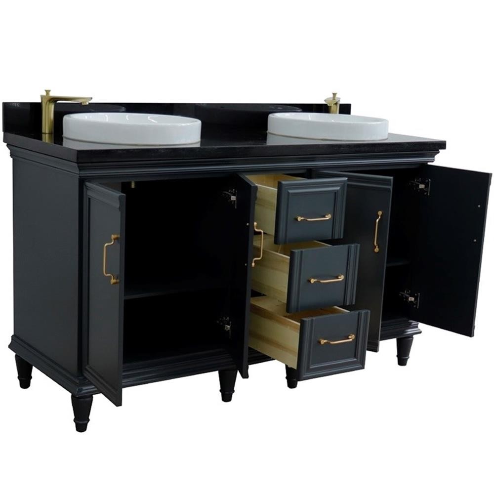 61 in. Double Wooden Vanity Dark Gray Black Galaxy Granite Round Sink