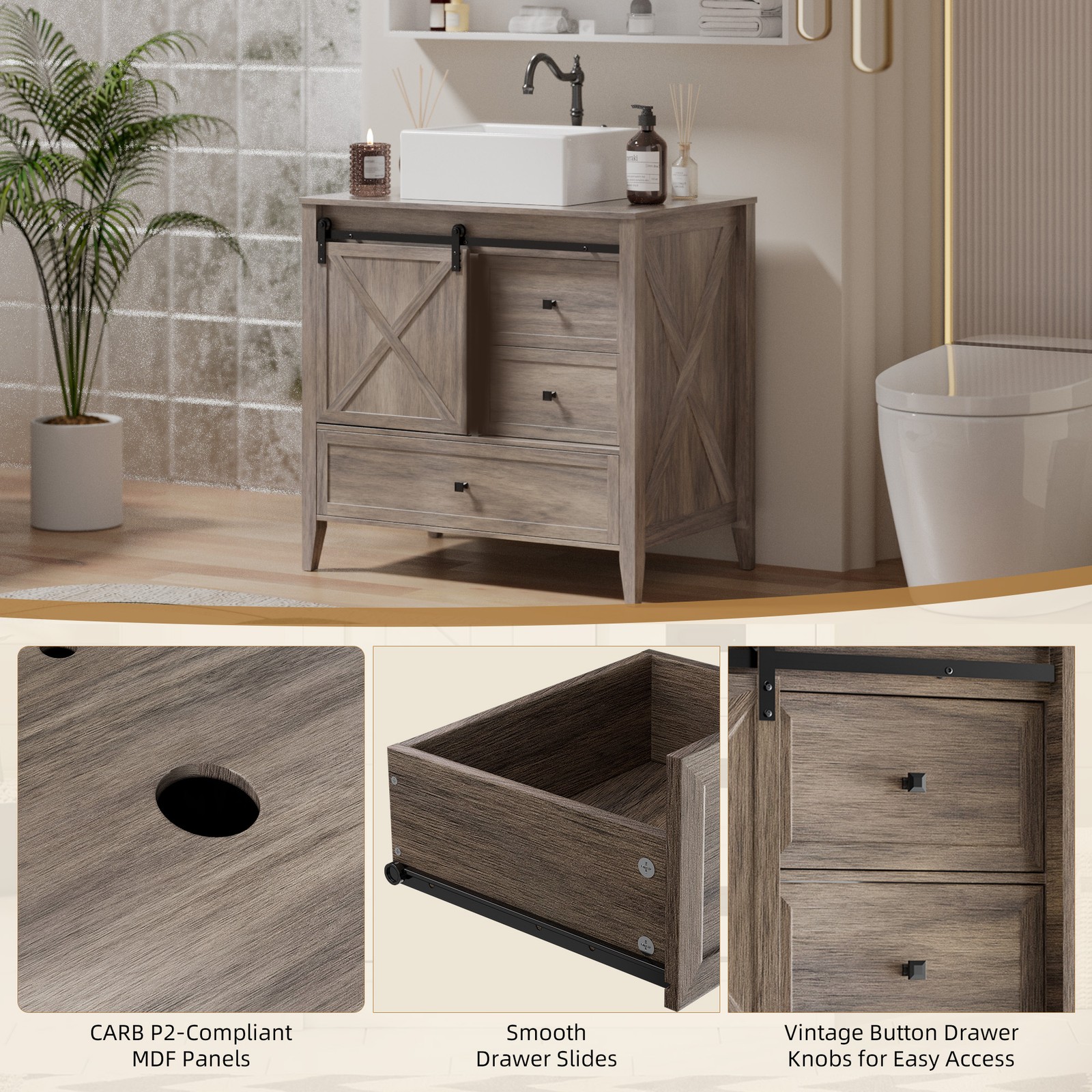 36-inch Bathroom Vanity Wooden Freestanding Cabinet Storage Vessel Sink Combo