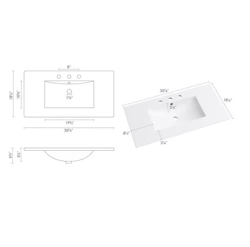 Tucson 36″ W x 18″ D Single Sink Vanity Top White Widespread 8″ NEW (36F)