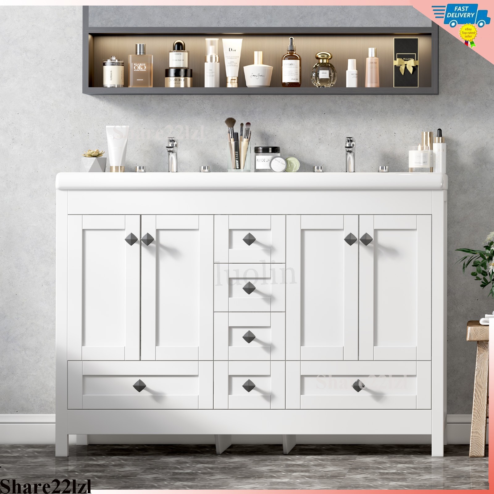 White 47inch Bathroom Vanity Bathroom Storage Cabinet with Double Ceramic Sink