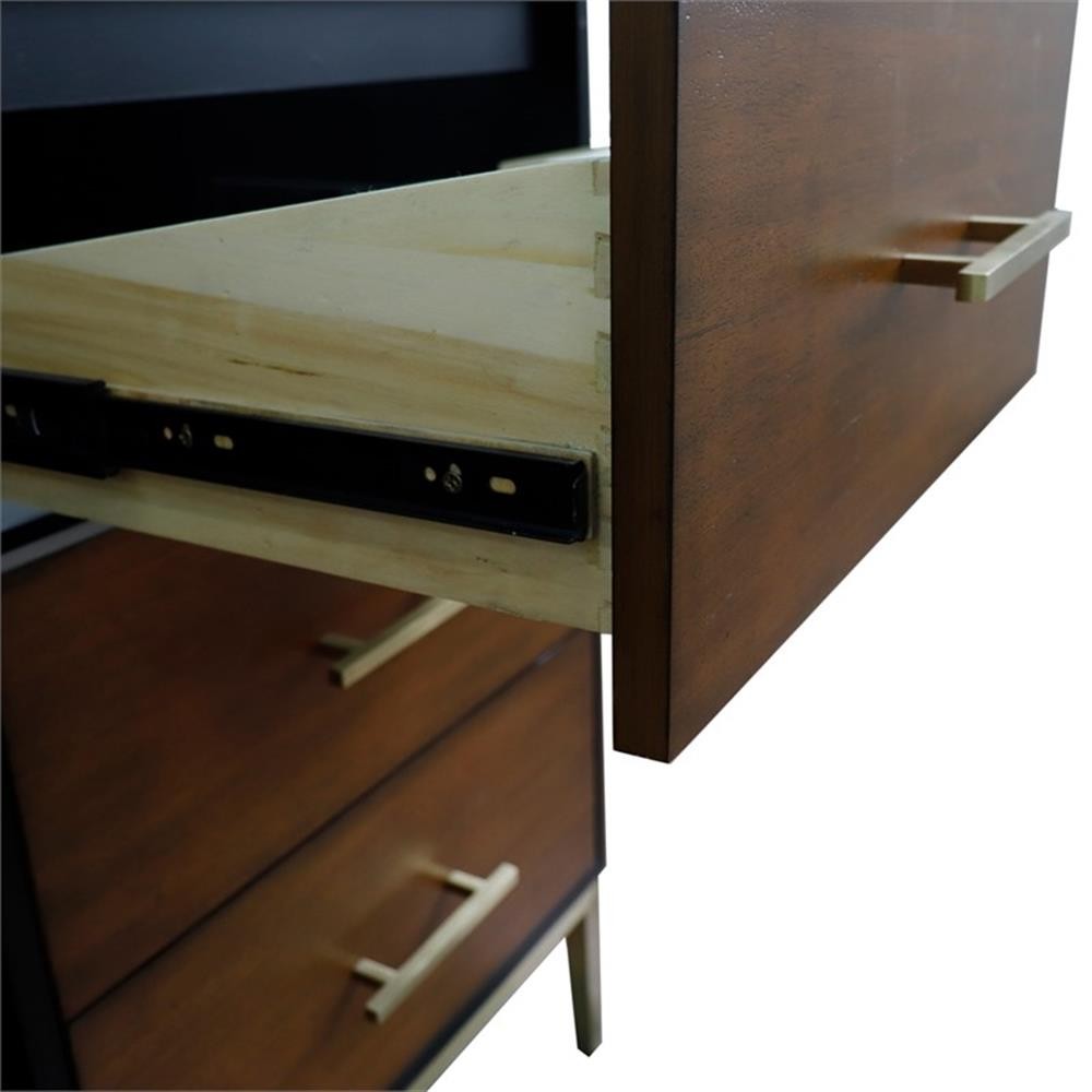 61 in. Double Wooden Vanity Walnut Black Black Galaxy Granite Round Sink