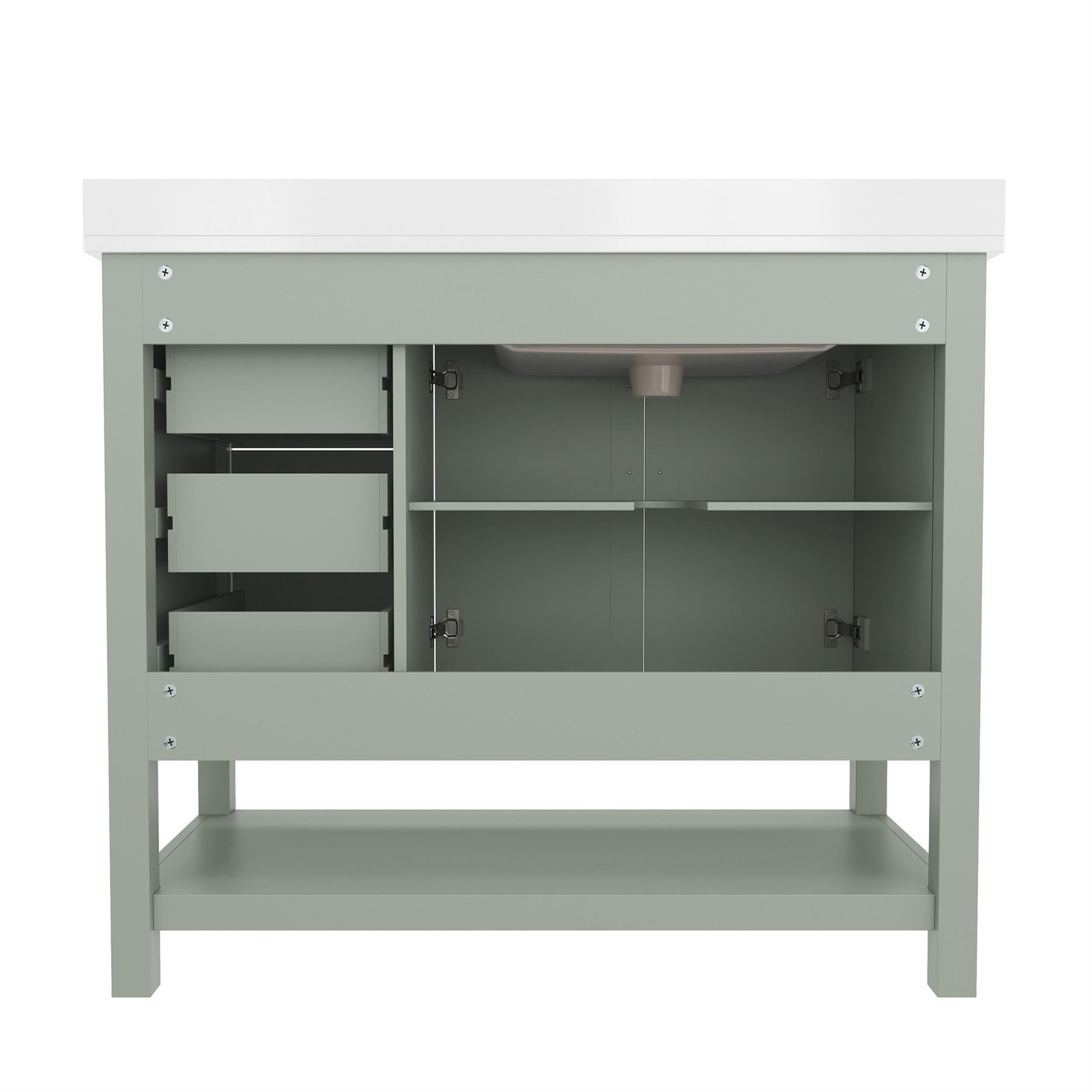 42 Inch Bathroom Vanity with Sink Open Storage and Storage Drawers in Sage