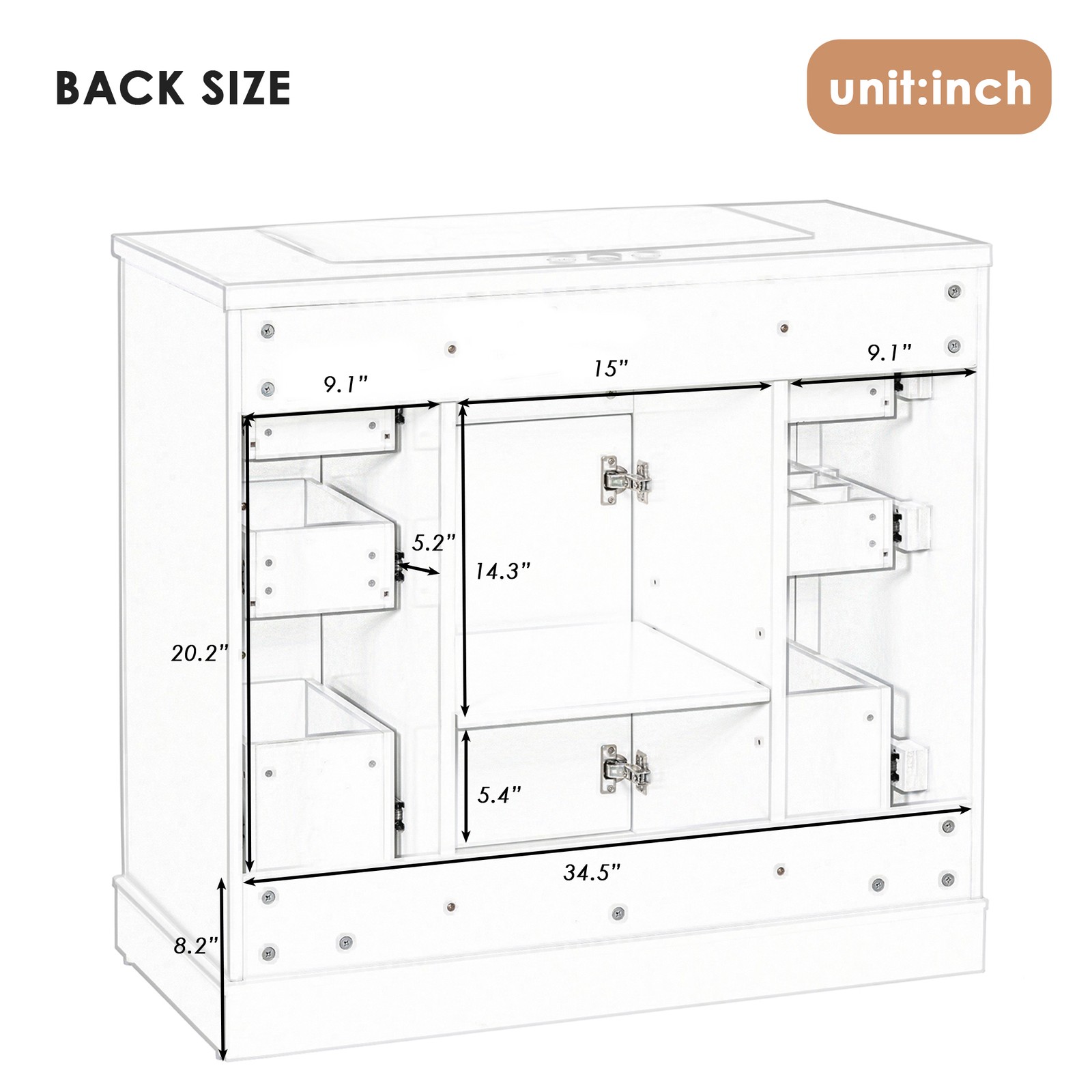 36″ White Bathroom Vanity Cabinet Base with 6 Drawers