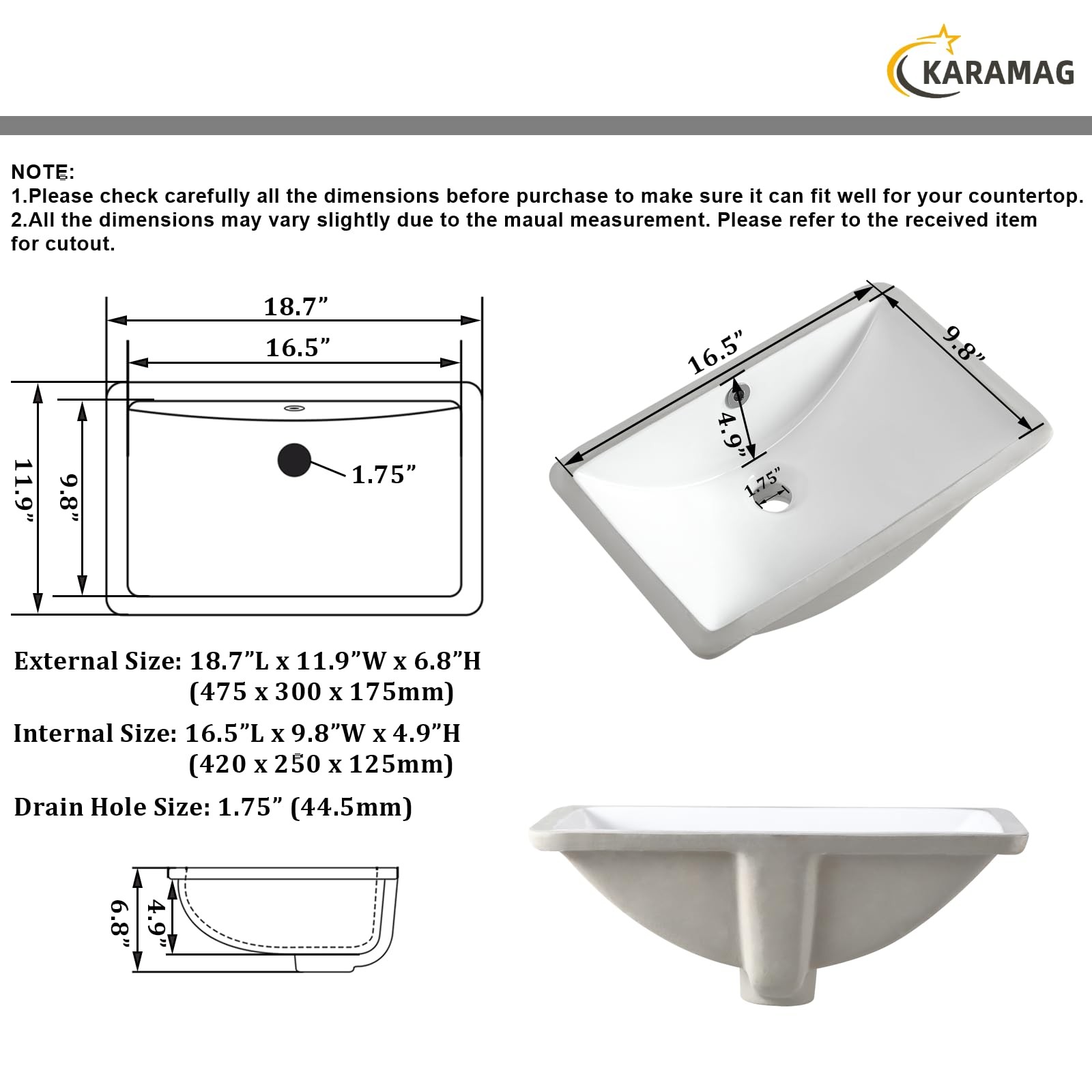 Undermount Bathroom Sink 18.7X11.9 Inch White Rectangular Porcelain Ceramic V…