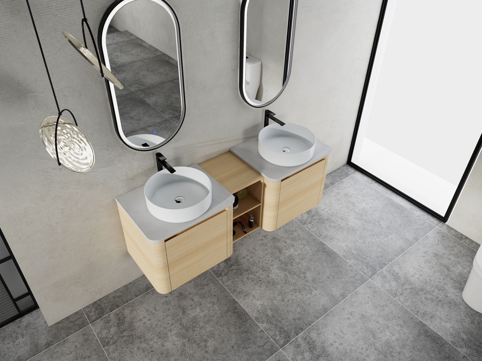 60 in Floating Bathroom Vanity Cabinet 2x White Ceramic Sink Basin +Open Shelves