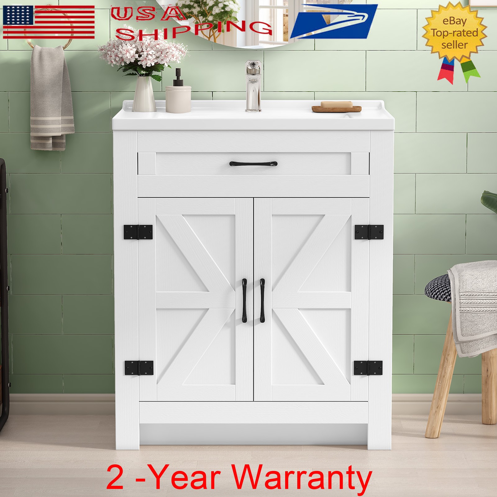 31” Bathroom Vanity Combo with Drop in Ceramic Sink Storage Cabinet Set White