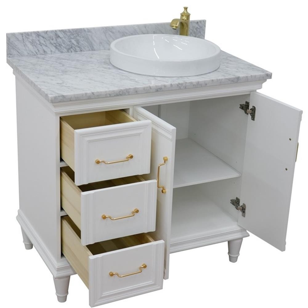 37 in. Single Wooden Vanity White White Carrara Round Right Door.Right Sink