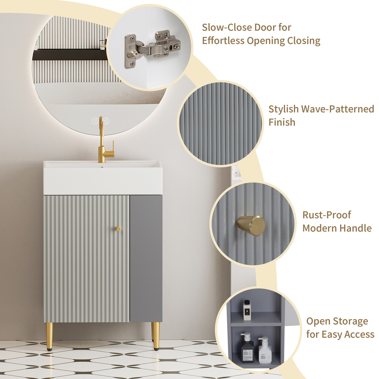 21.6″ Open-Shelving Vanity with Ceramic Sink and Soft-Close Door Grey