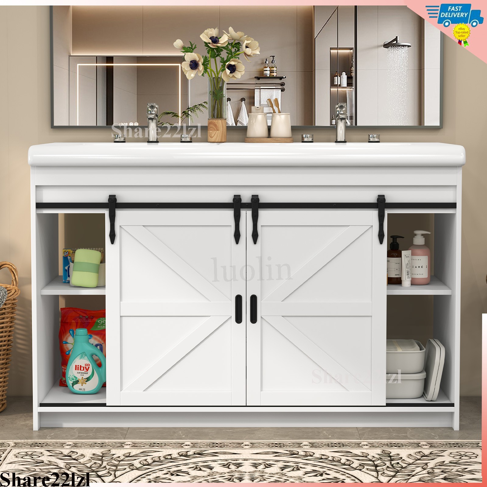47inch Bathroom Vanity with Ceramic Sink,Bathroom Cabinet w/2 Soft Close Doors