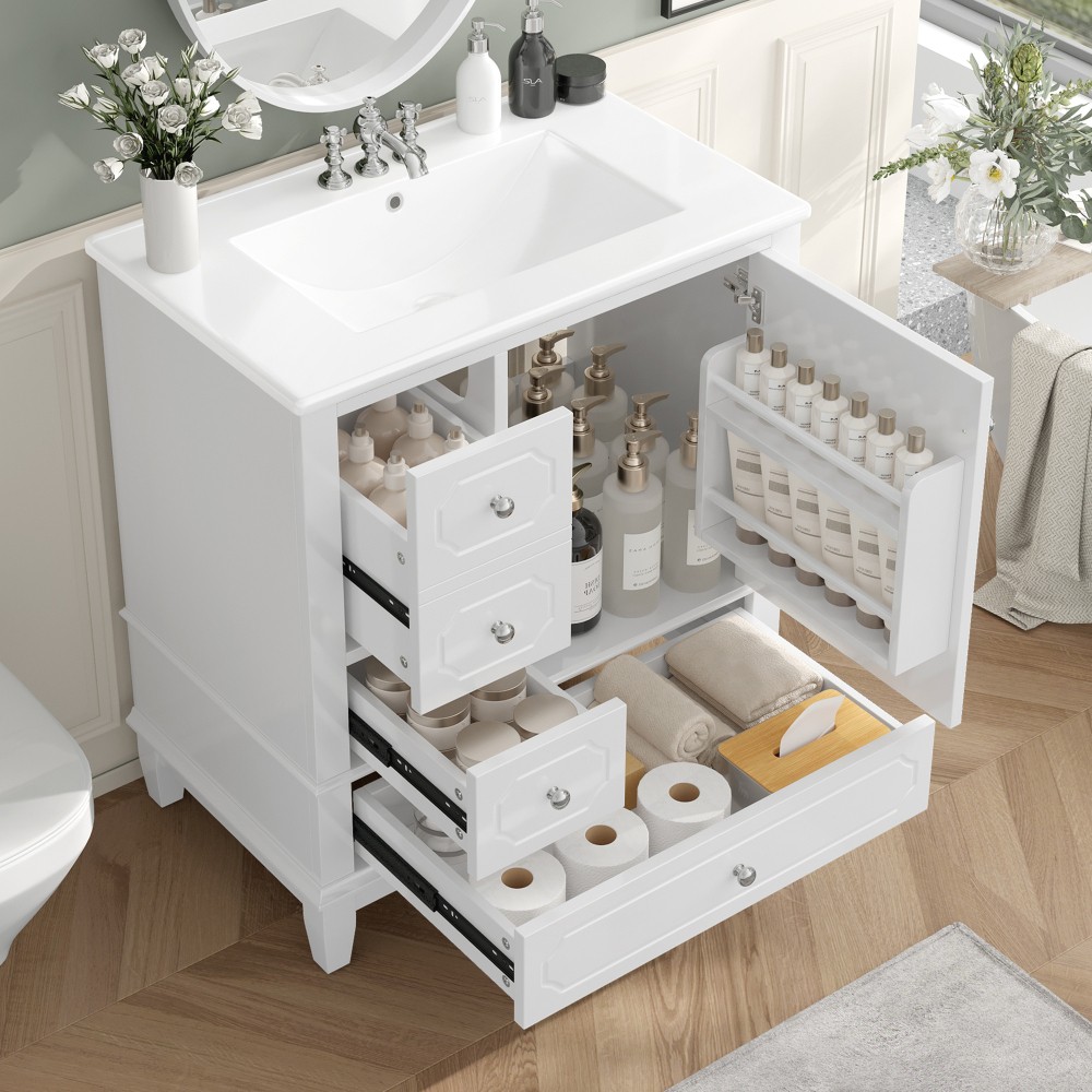 30″Bathroom Vanity with Sink Freestanding White Vanity Cabinetwith Ceramic Basin