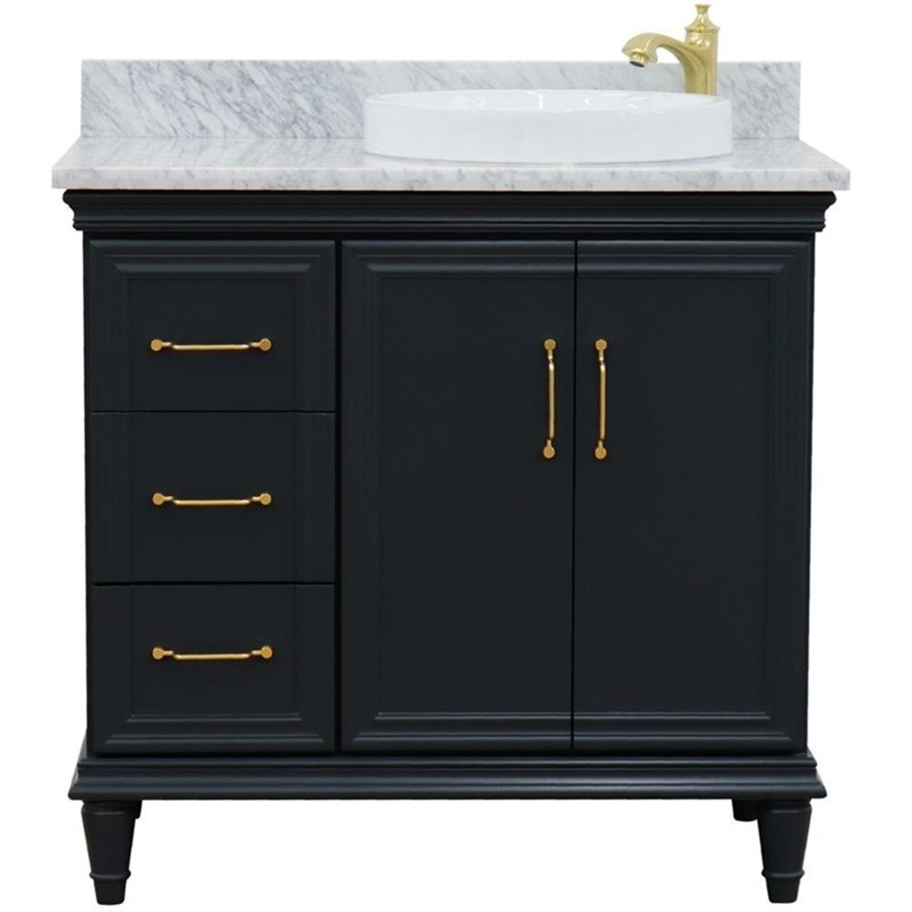 37 in. Single Wooden Vanity Dark Gray White Carrara Round Right Door.Right Sink