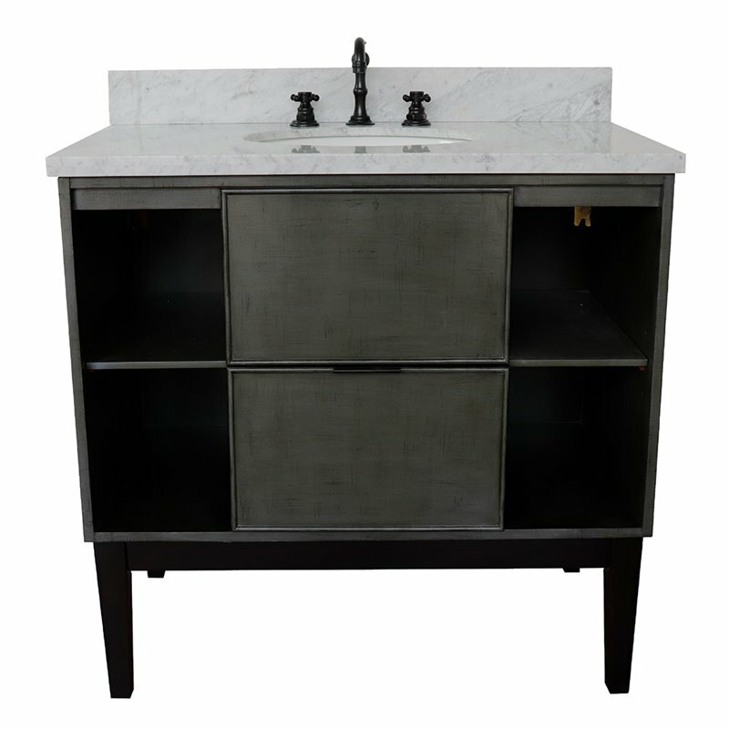 Scandi Solid Wood Oval Sink Vanity with White Carrara Top in Linen Gray