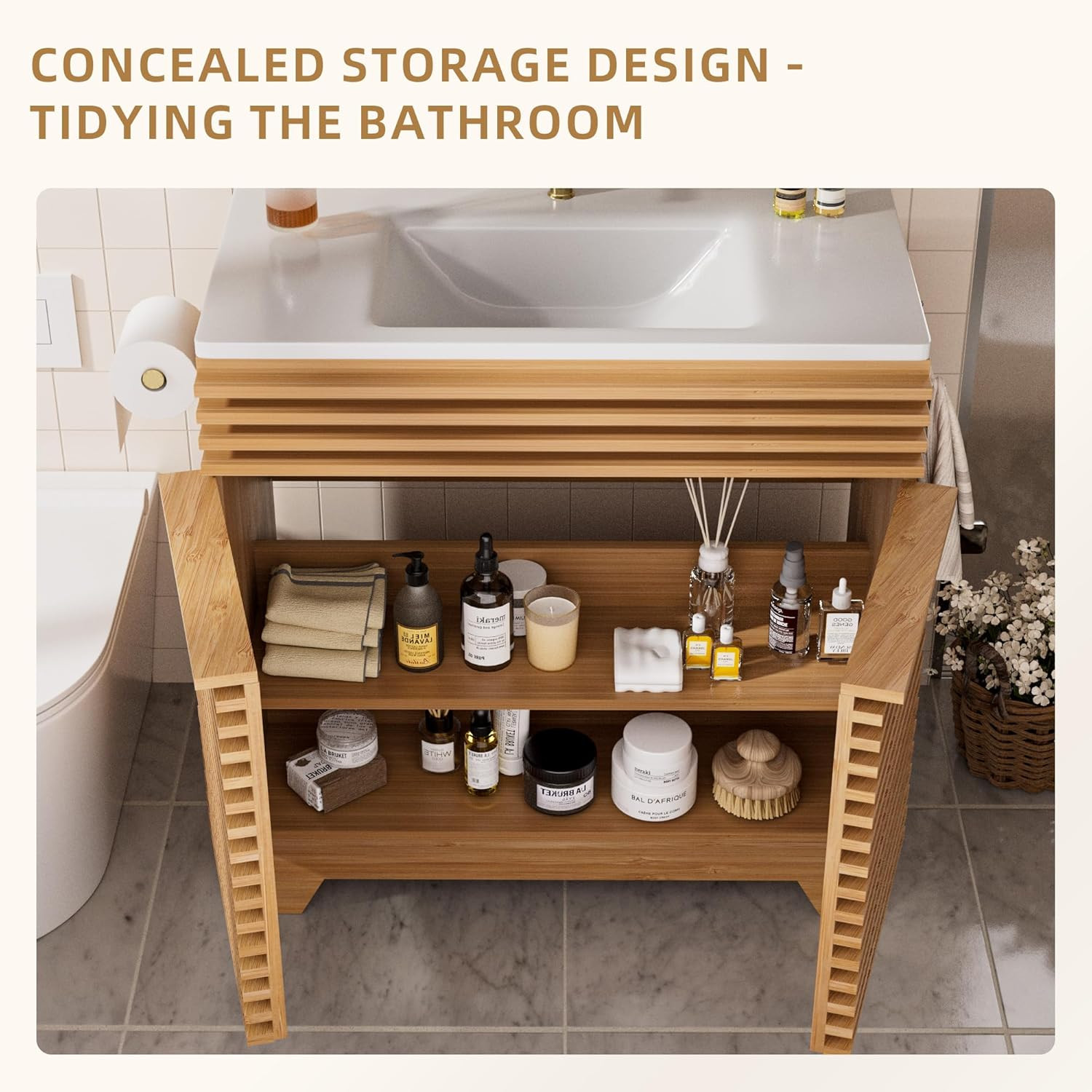 VNN 24″ Natural Oak Fluted Vanity w/ Ceramic Sink Soft-Close Doors Shelves
