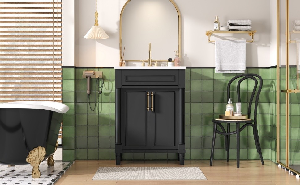 24″ Bathroom Vanity w/ Sink & 2 Doors, Black, 34.95″ H Solid Wood+MDF