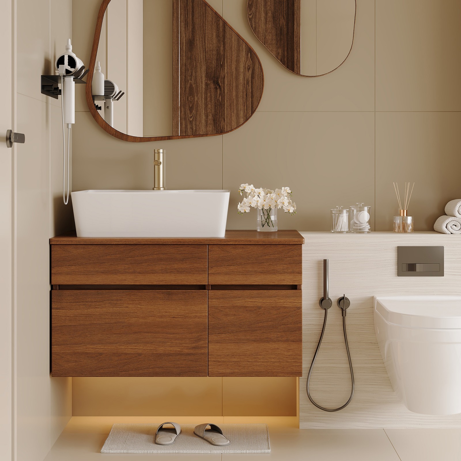 31.5In Plywood Walnut Floating Wall-Mounted Cabinet Vanity Ceramic Sink Bathroom