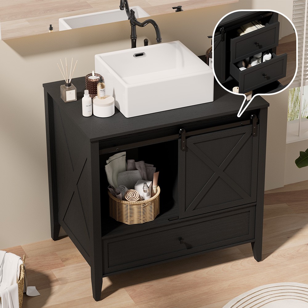 36″ Bathroom Vanity w/Sink Ceramic Freestanding Cabinet Wood Grain Texture Black