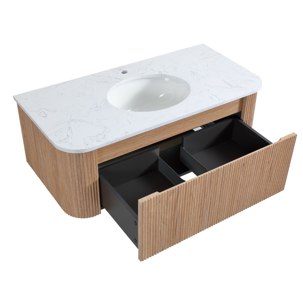 42″ Bathroom Vanity Wall Mount w/ Marble Top, Ceramic Sink, Soft Close Drawer