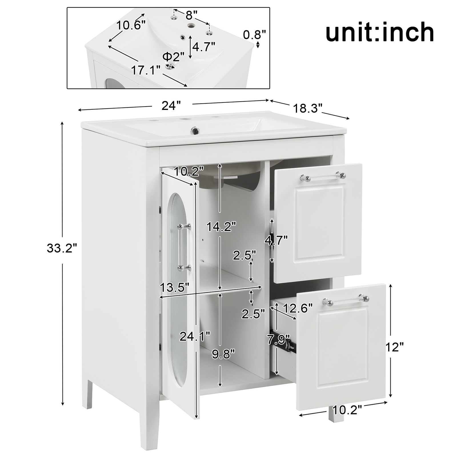 24″ Bathroom Vanity with Sink Combo Basin Vanity Set w/Ceramic Sink Top