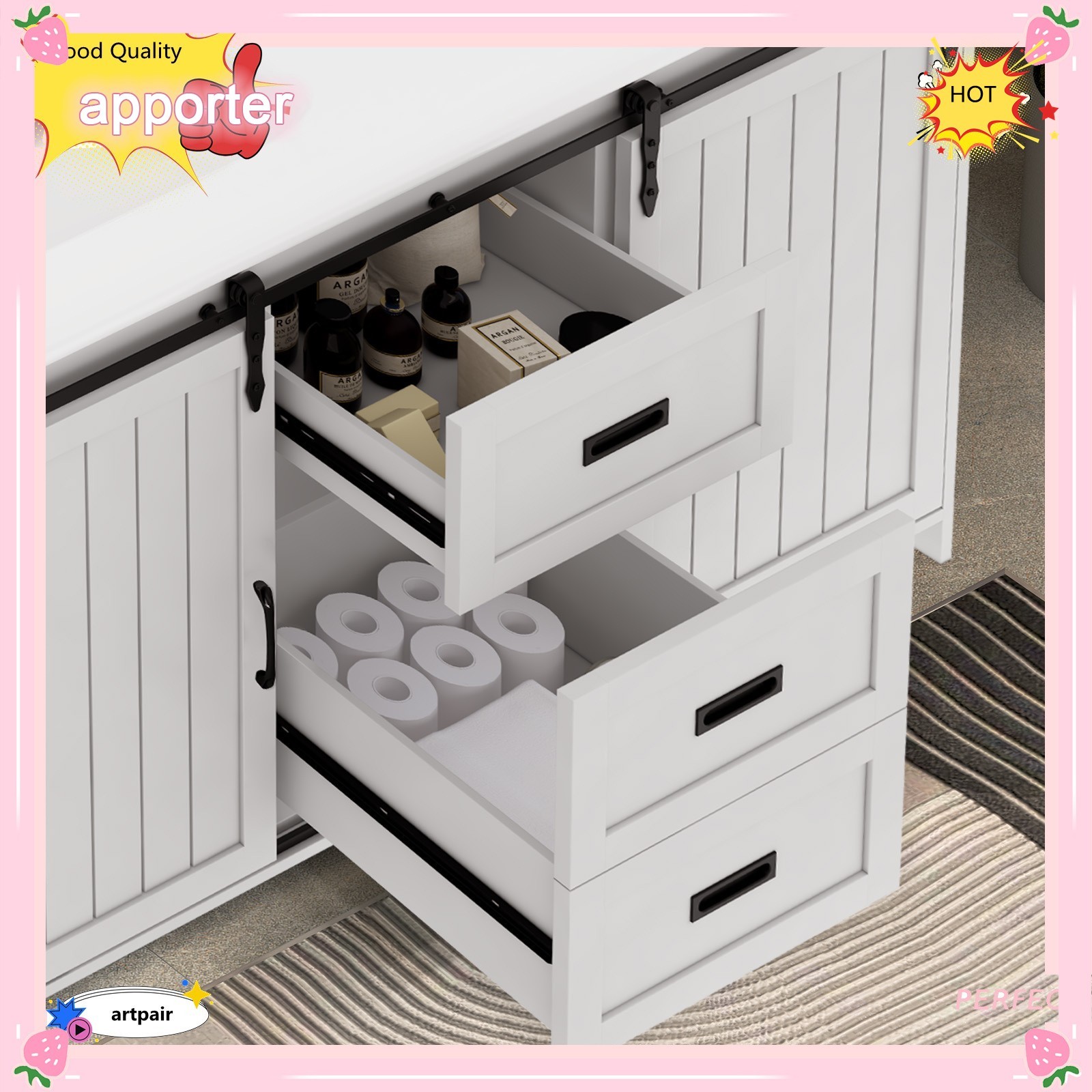 47″ Bathroom Vanity Cabinet Freestanding Storage Compartment + 2 Ceramic Sink