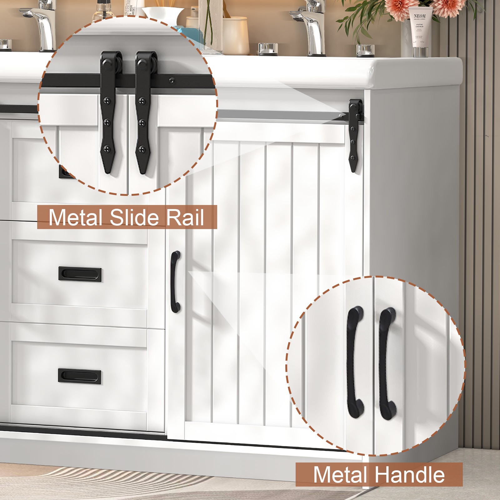 47″ Bathroom Double Sink Vanity Cabinet Ceramic Vessel Double Sink Cabinet White