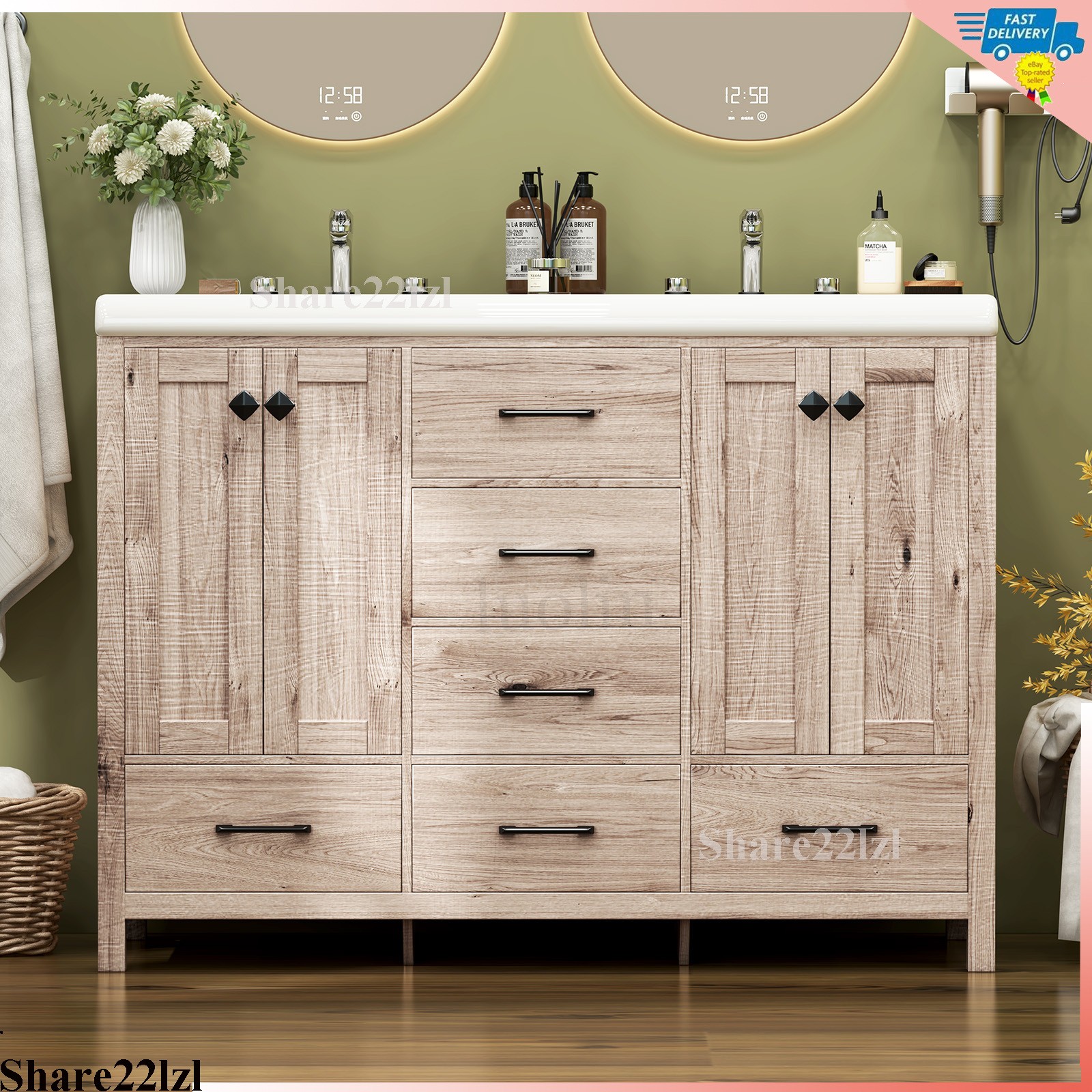 47inch Bathroom Vanity Retro Bathroom Storage Cabinet with Ceramic Sink Wooden