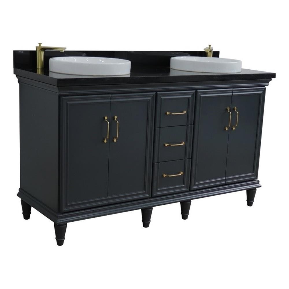 61 in. Double Wooden Vanity Dark Gray Black Galaxy Granite Round Sink