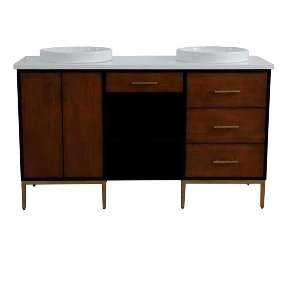61 in. Double Wooden Vanity Walnut Black White Quartz Round Sink
