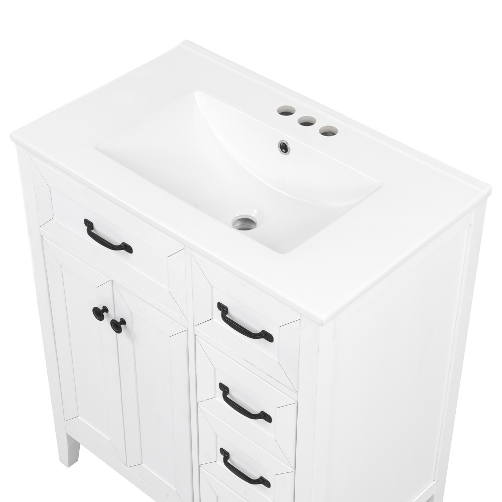 30″ White Bathroom Vanity with Ceramic Sink Freestanding Vanity with Black Metal